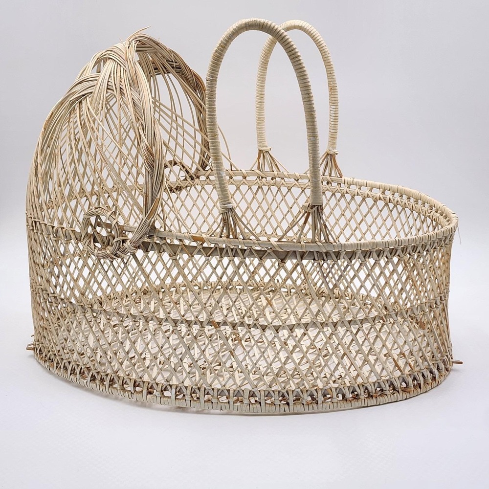 Vintage 1970s Wicker Baby Doll Bassinet White Moses Basket 20" Nursery Decor